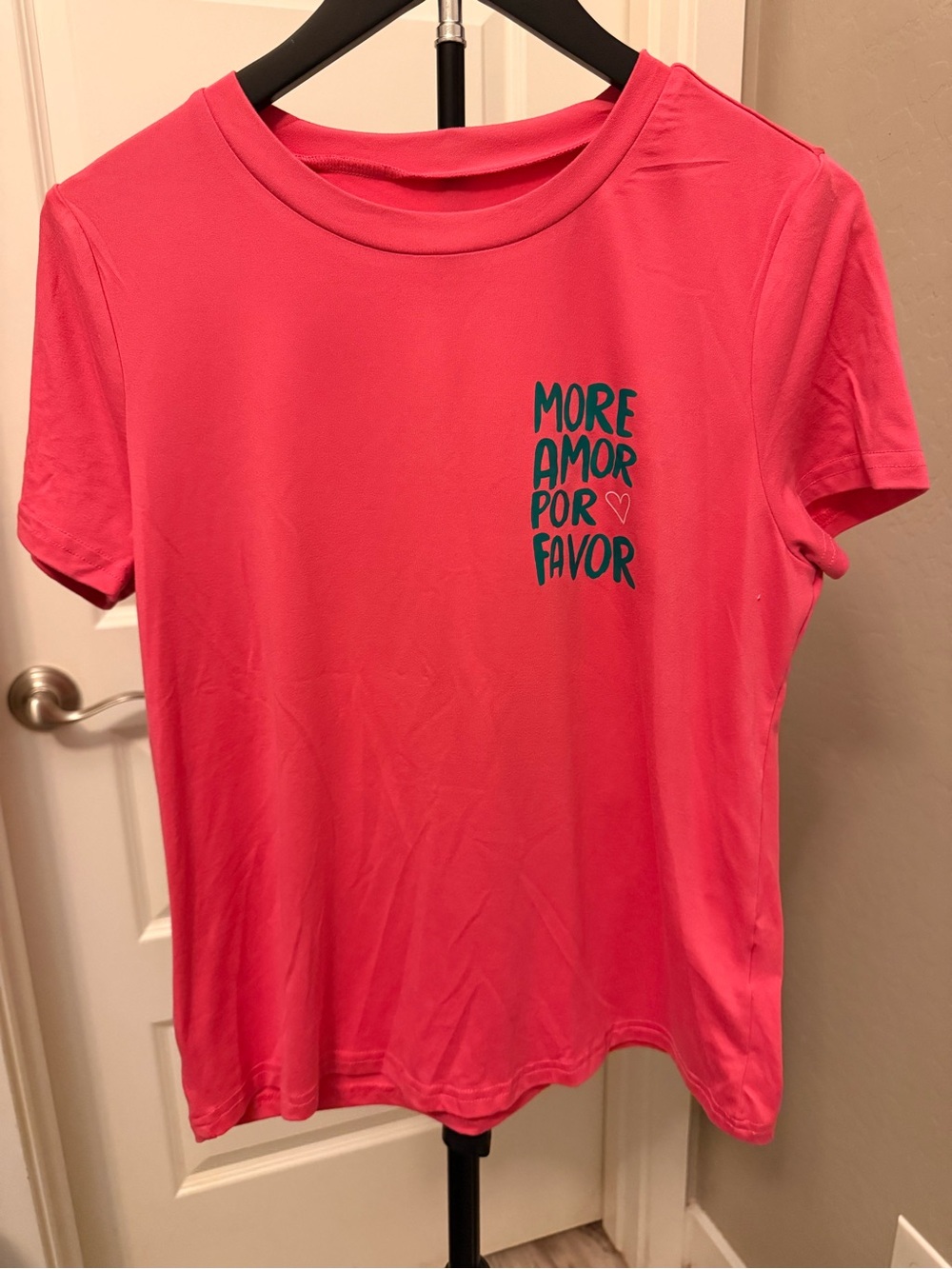 SHEIN Coral Pink 'More Amor Por Favor' Short Sleeve Tee